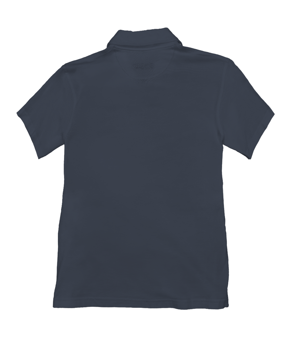 Dark Grey polo shirt with a pattern on the back against a white background View 4