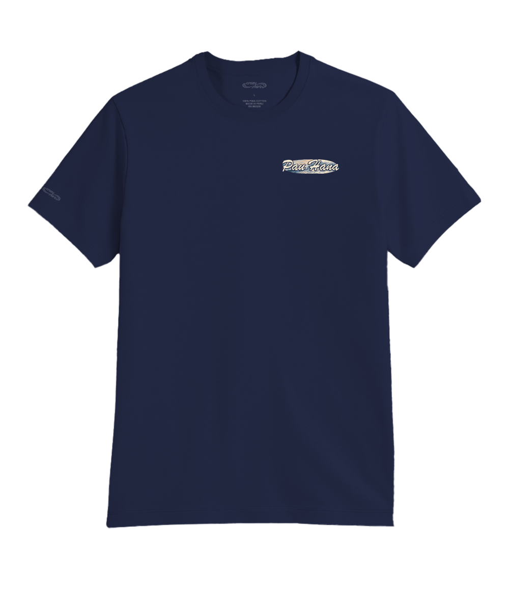Indigo t-shirt with a small logo set on a white background View 4