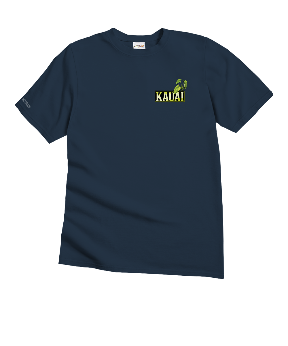 Navy blue t-shirt with 'Kauai' logo on a white background View 4