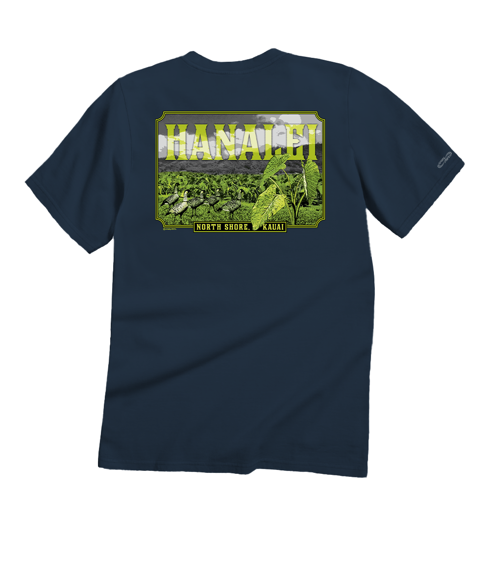 Navy blue t-shirt with graphic design on the back featuring text and images. View 1