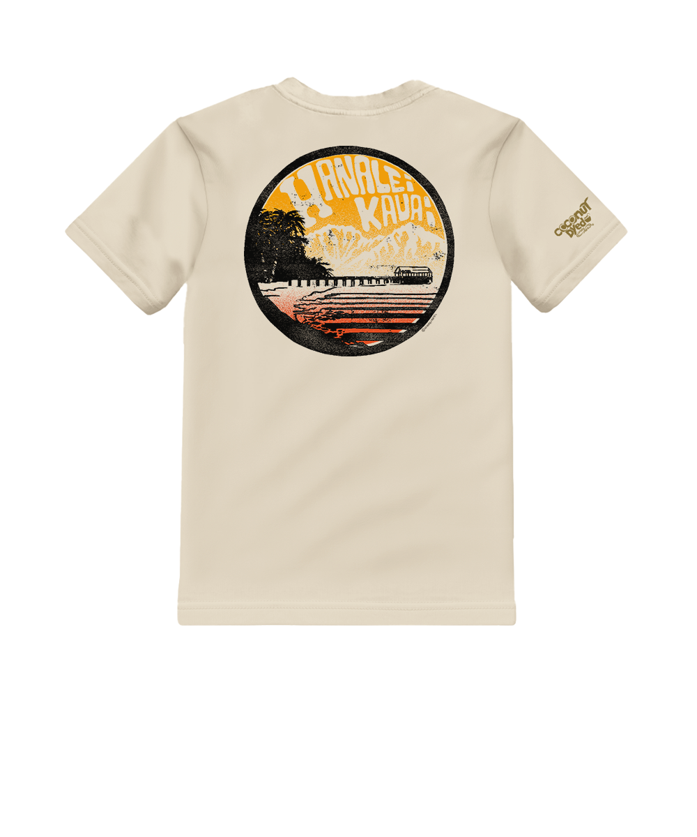 White t-shirt with a circular graphic on the back featuring a sunset over water and palm trees, on a white background. View 1