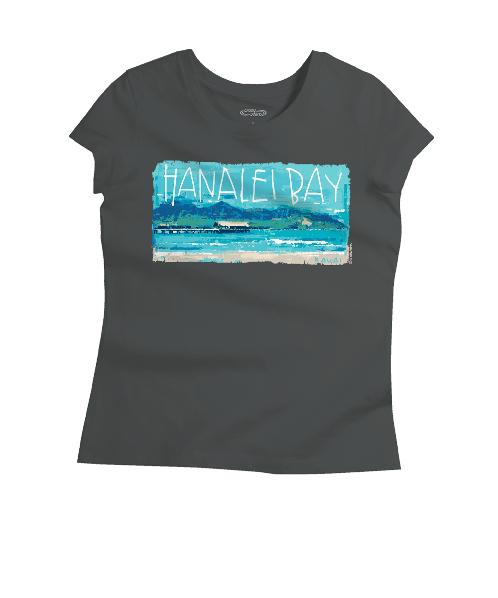 Gray t-shirt with a scenic graphic and 'Hanalei Bay' text on a white background View 1