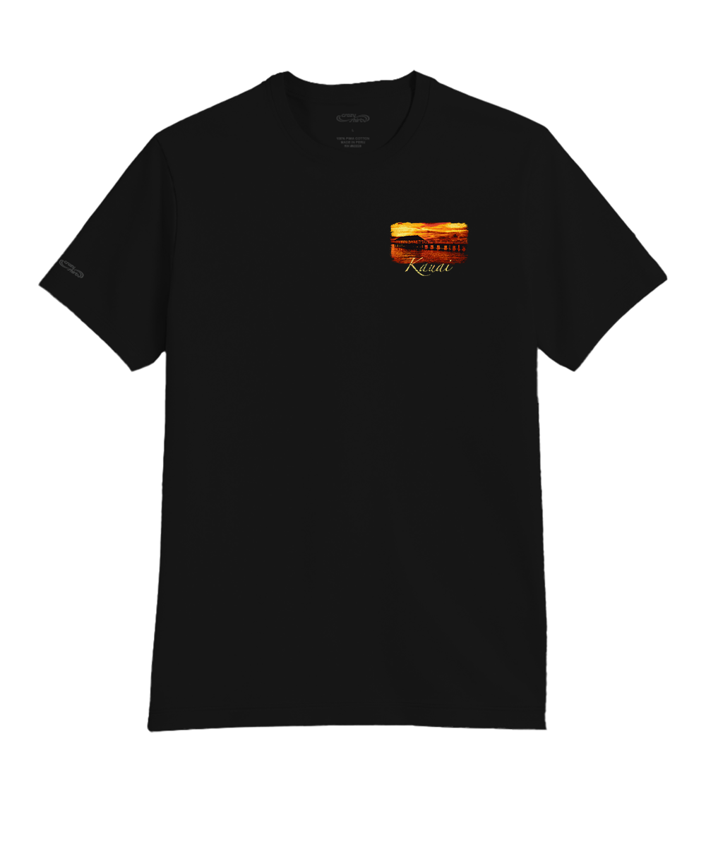 Black t-shirt with a colorful graphic on the chest against a white background View 4