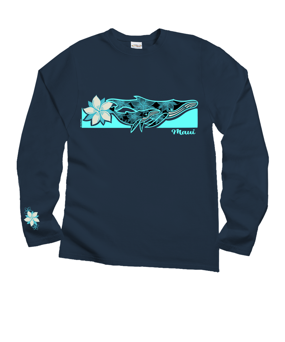 Floral Humpback Stripe - Navy Long Sleeve Crewneck T-Shirt Floral Humpback Stripe - Navy Long Sleeve Crewneck T-Shirt