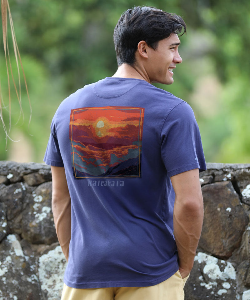 Man wearing an indigo t-shirt with a sunset logo on the back, standing in front of a wall View 3