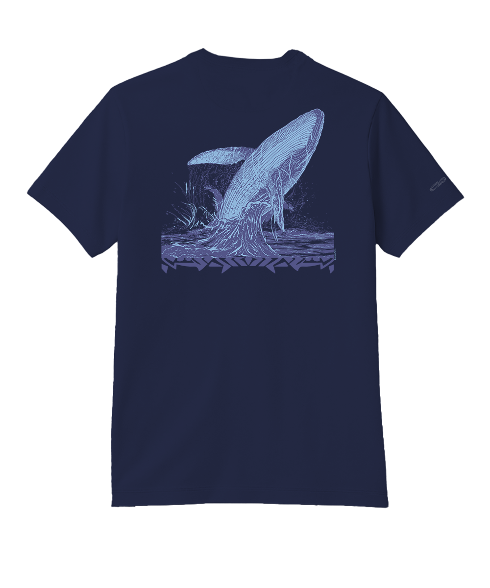 Indigo blue t-shirt with a whale graphic on the back against a white background View 1