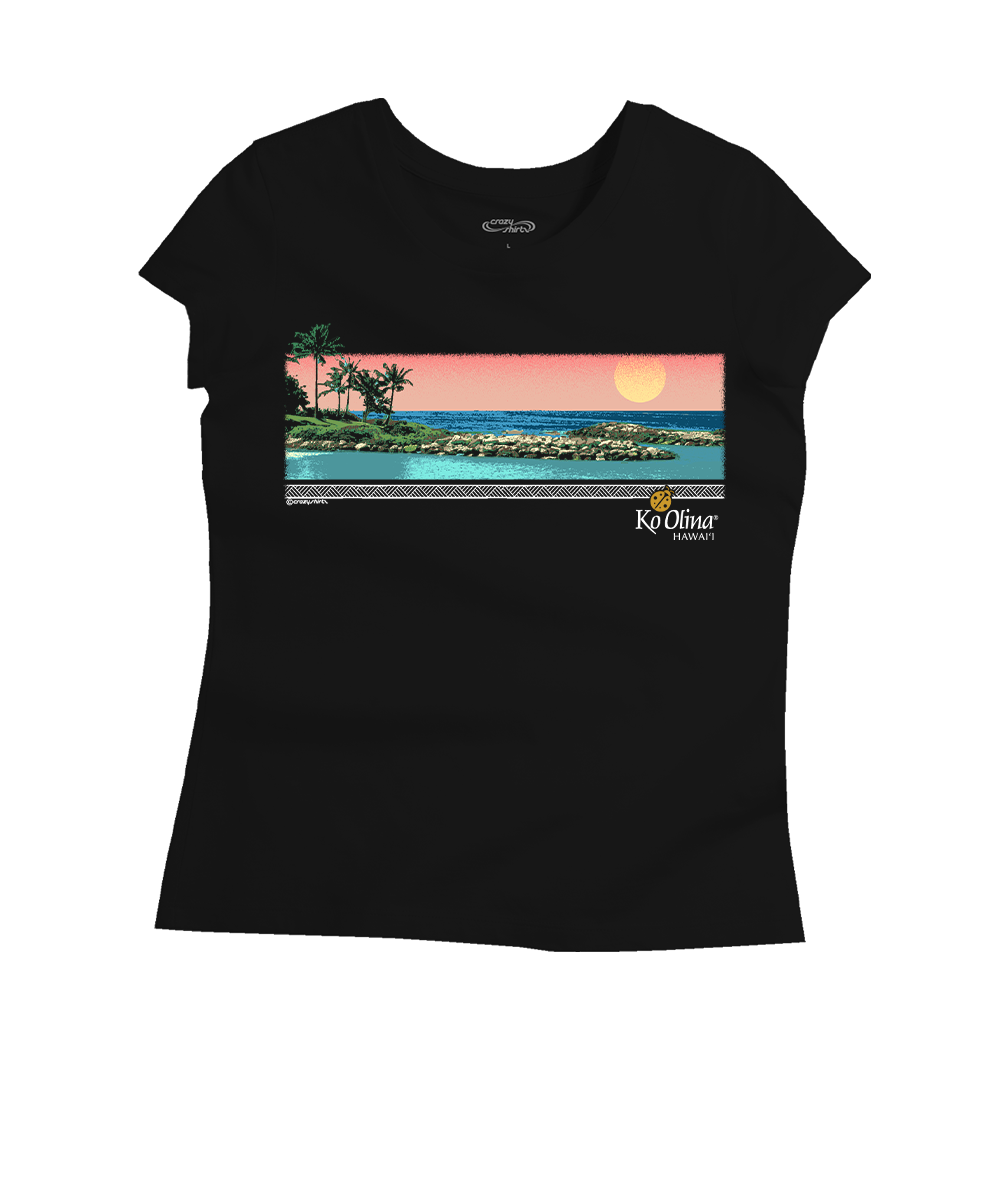 Black t-shirt with a tropical island graphic and 'KO Olina' text on a white background View 1