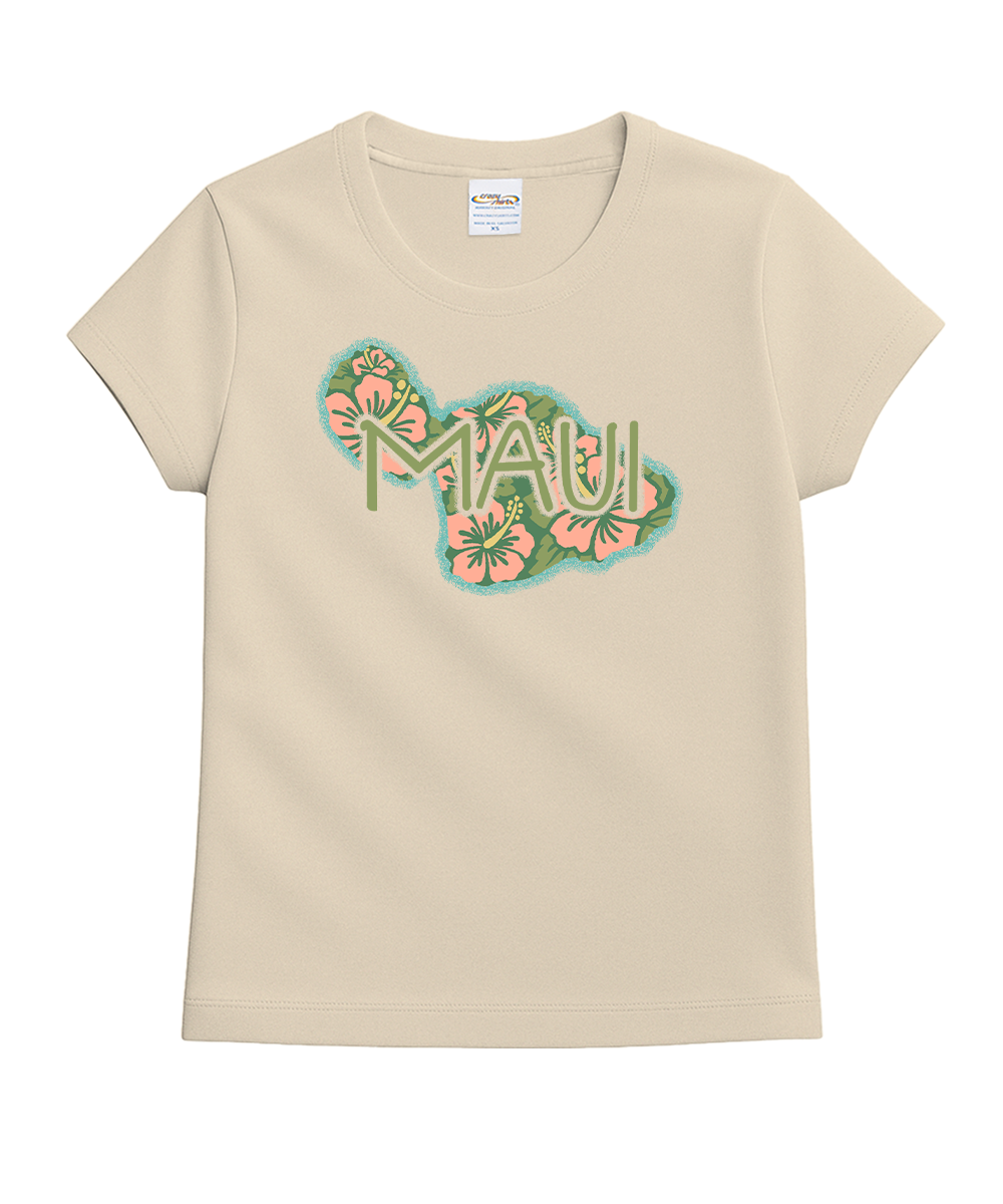 Beige t-shirt with 'MAUI' design featuring flowers on a white background View 1