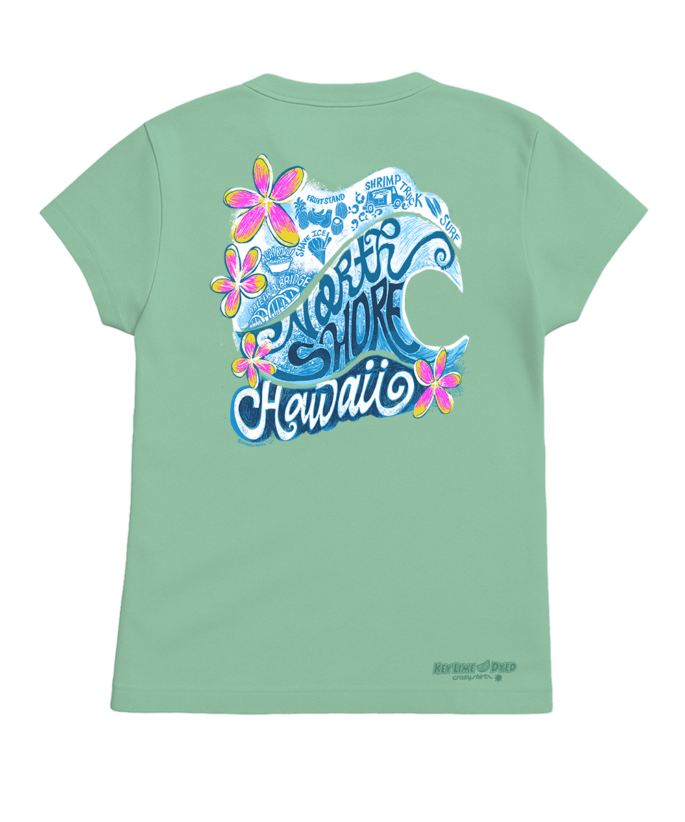 Light green t-shirt with a colorful wave design and 'North Shore Hawaii' text on a white background View 4