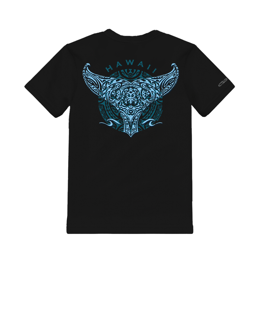 Black t-shirt with blue graphic design on the back, featuring the word 'Hawaii'. View 1