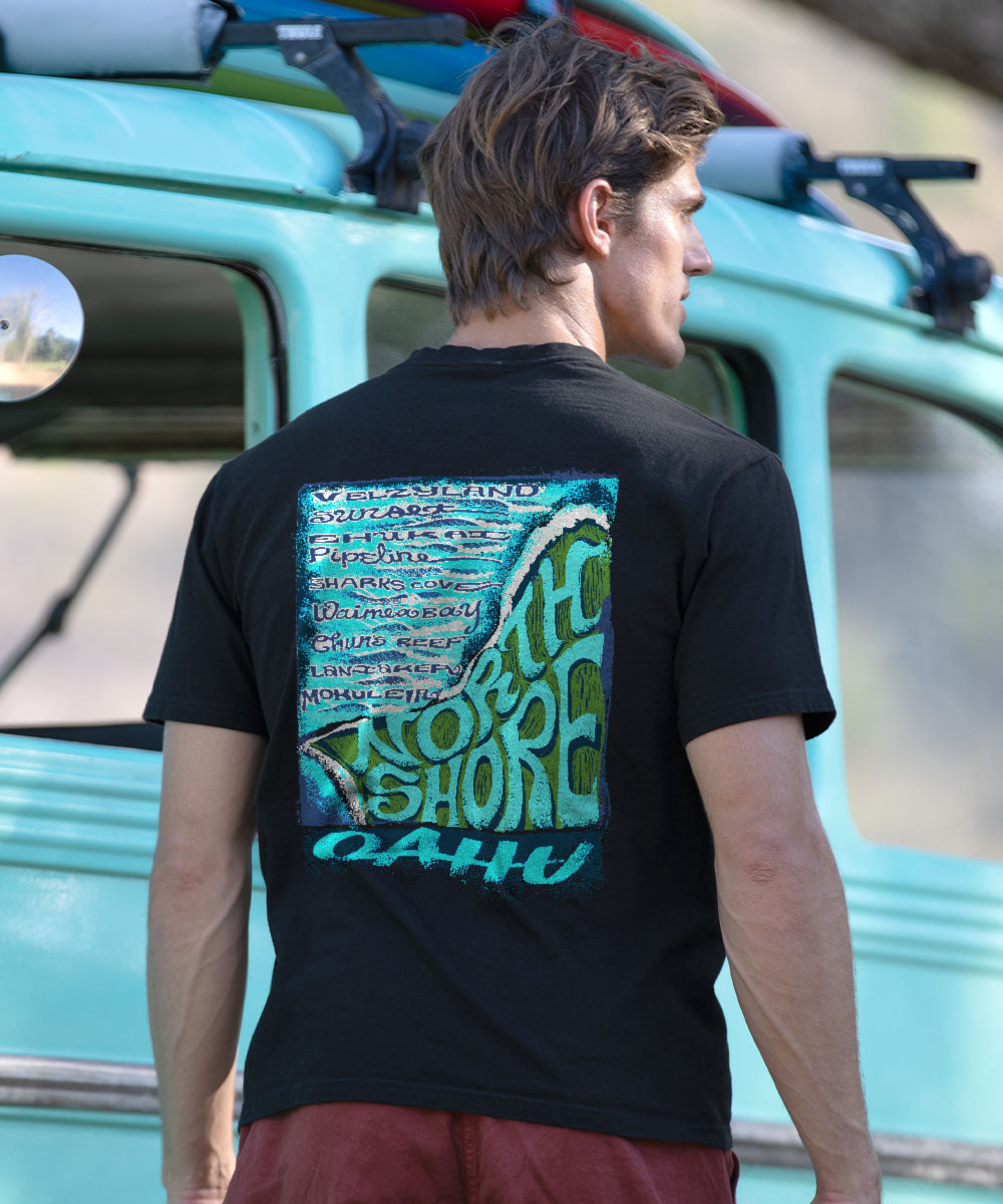 Person wearing a black t-shirt with a graphic design in front of a vintage van. View 2