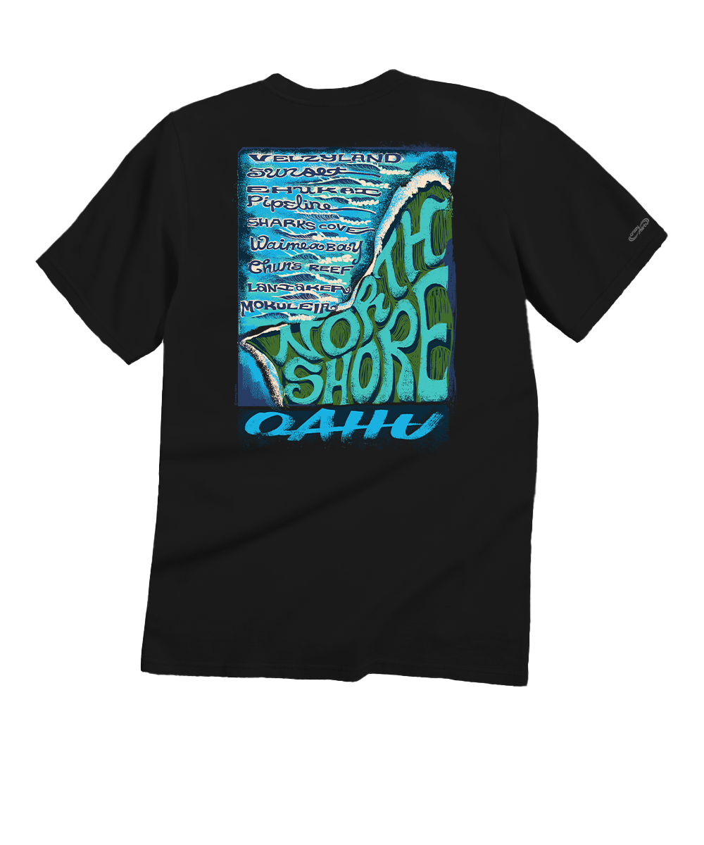 Black t-shirt with colorful graphic design on the back on a white background View 1