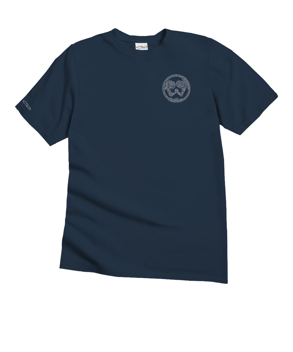 Navy blue t-shirt with a logo on the chest against a white background View 4