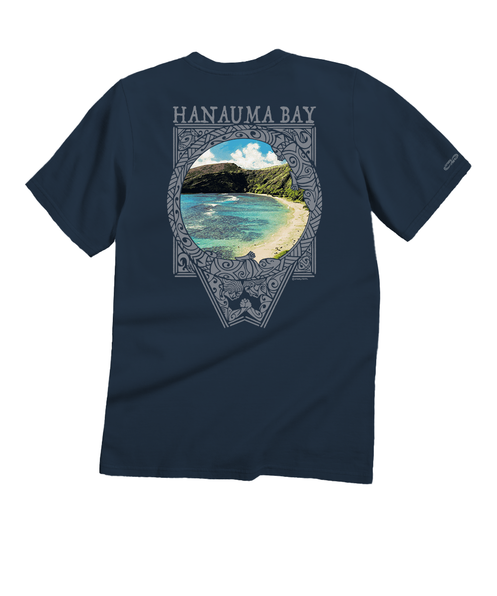 Navy blue t-shirt with Hanauma Bay graphic on a white background View 1