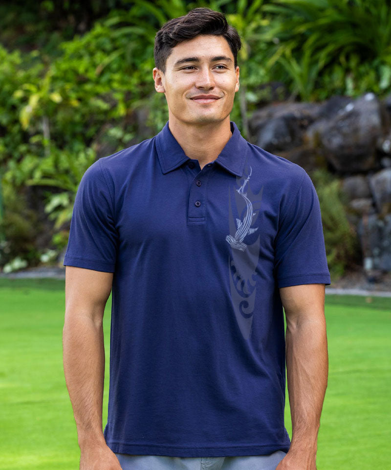 Wood Cut Shark - Indigo Short Sleeve Pima Polo