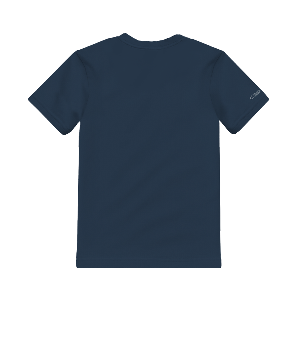 The back of a navy short sleeve shirt on a white background View 4