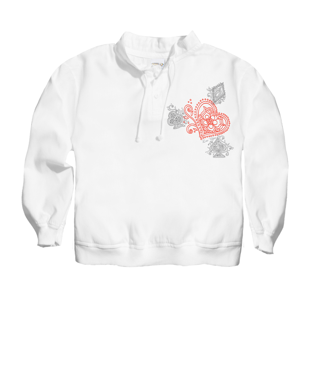 White hoodie with a red and black design on the chest against a white background View 1