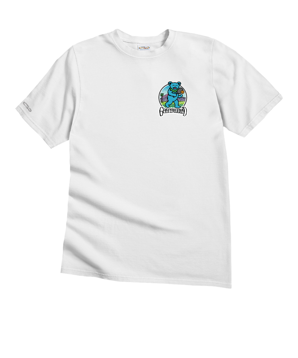 White t-shirt with a colorful graphic on a white background View 4