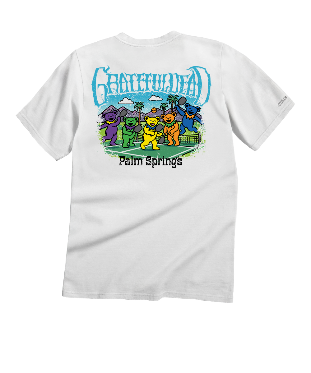 White t-shirt with colorful graphic design on a white background View 1