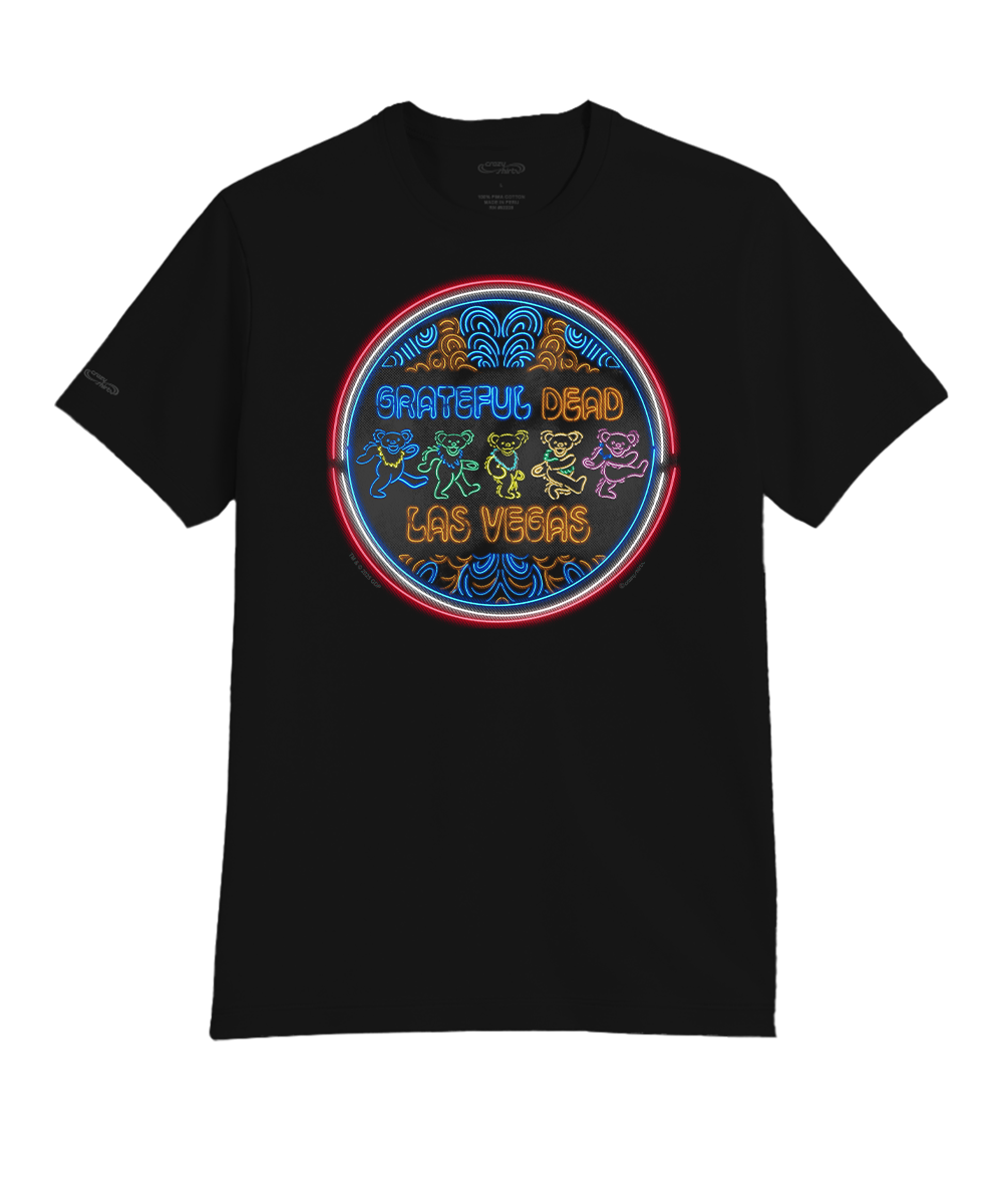 Black t-shirt with Grateful Dead logo and text on a white background View 1