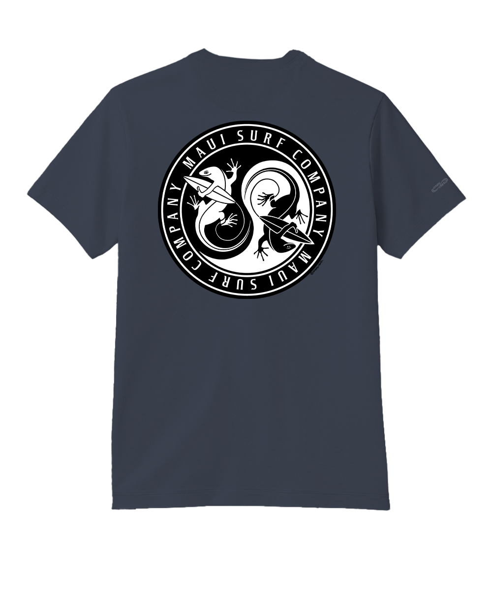 Gray t-shirt with a logo on the back against a white background View 1