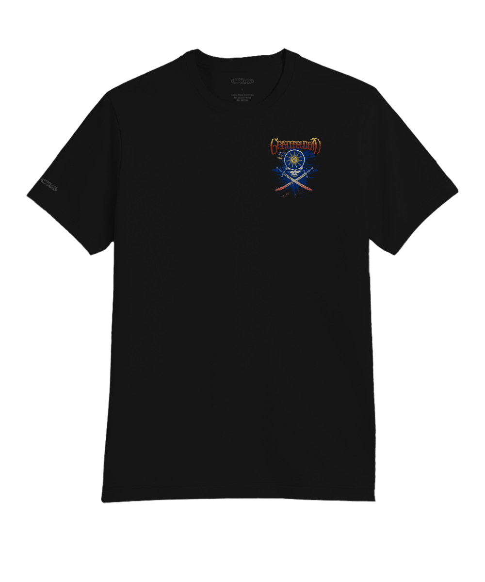 Black t-shirt with a small logo on a white background View 4
