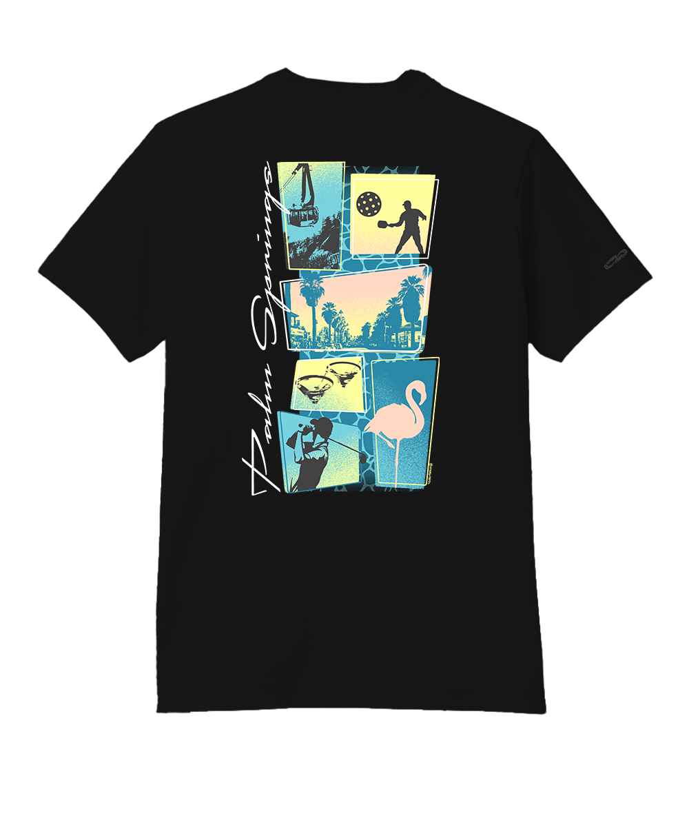 Black t-shirt with a graphic on the back with a white background View 1