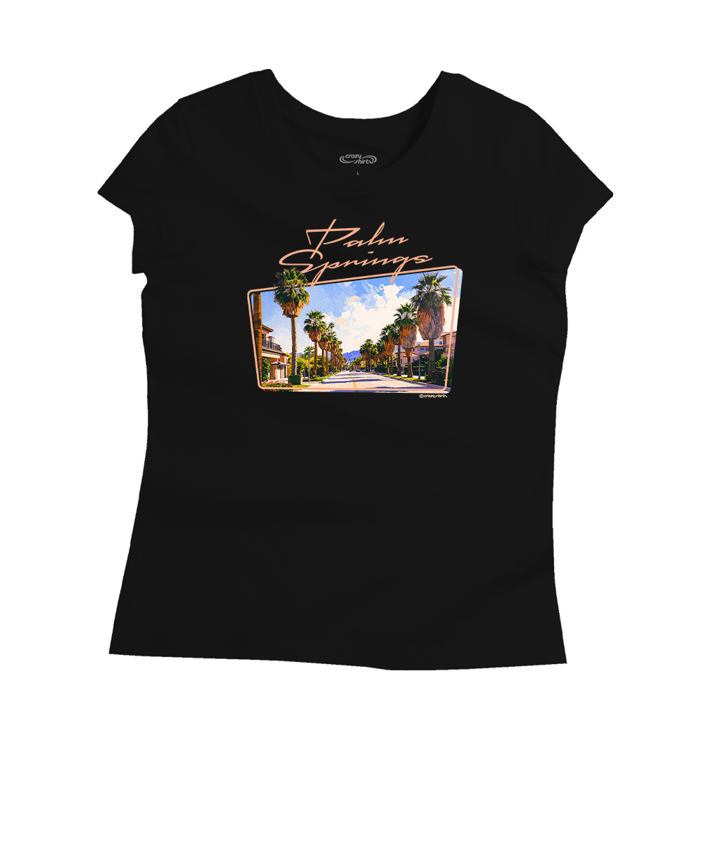 Black t-shirt with a scenic print and 'Palm Springs' text on a white background View 1
