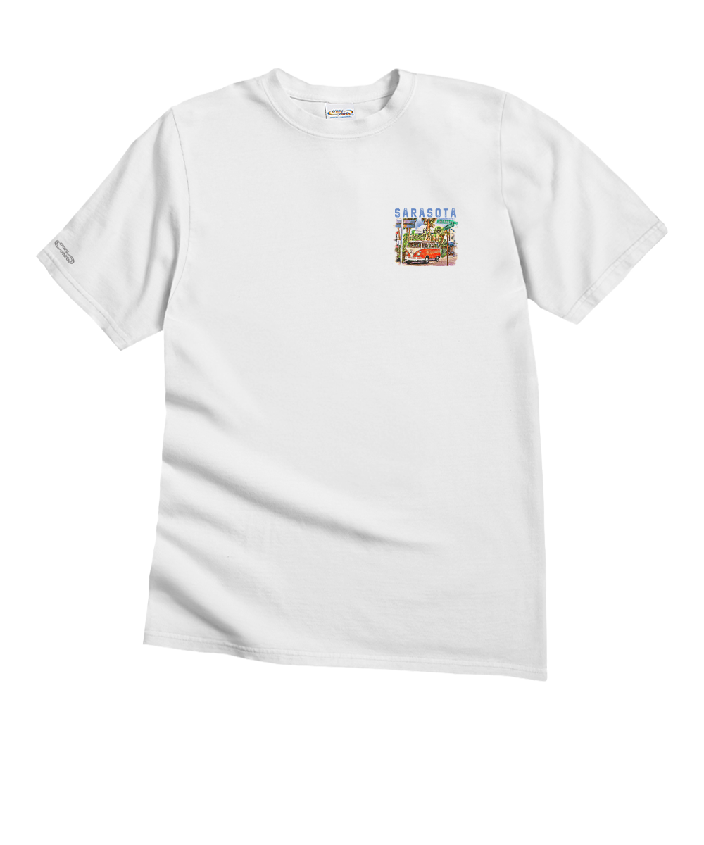 White t-shirt with colorful graphic on a white background View 4