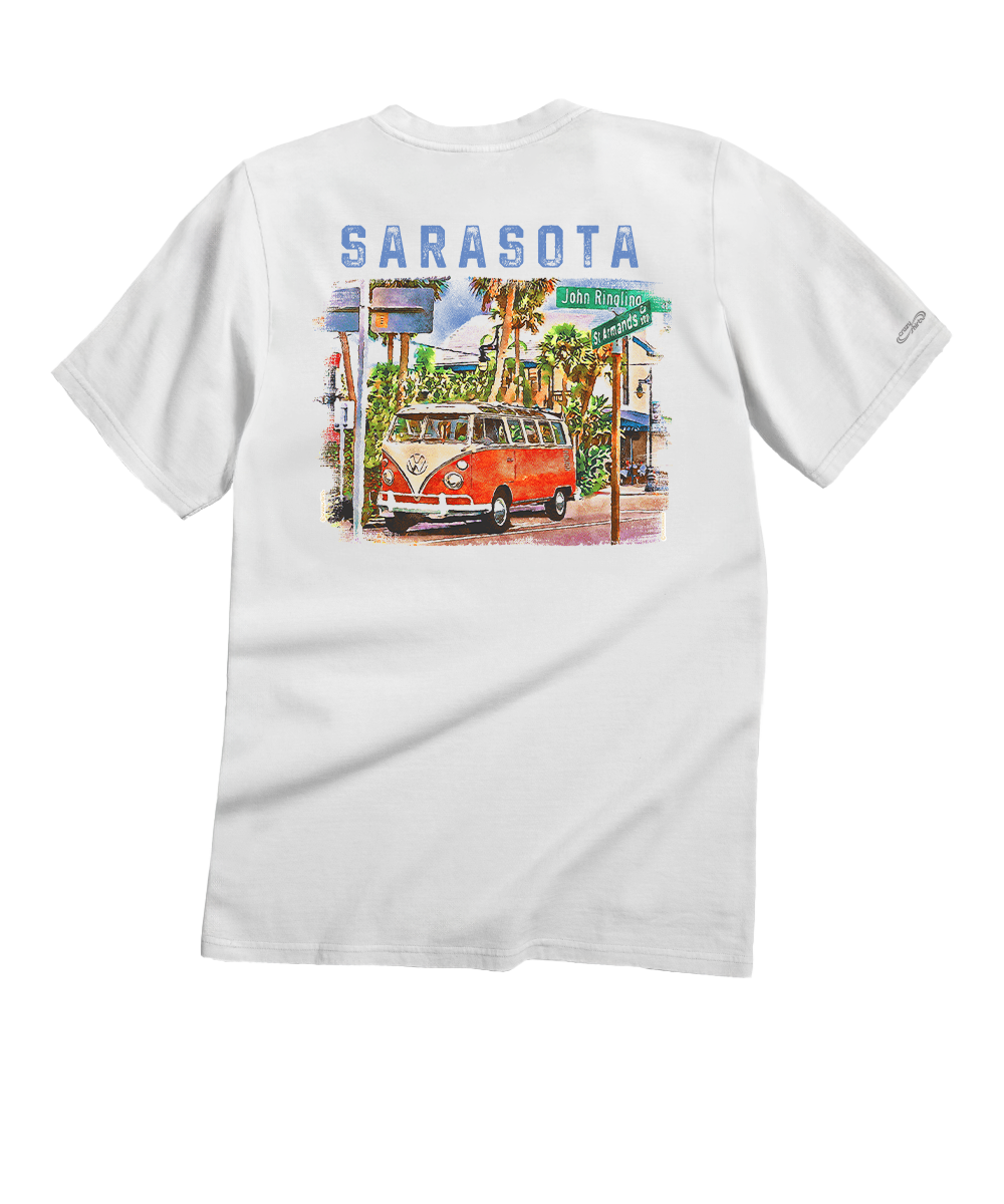 White t-shirt with a colorful graphic of a van and palm trees on the back on a white background View 1