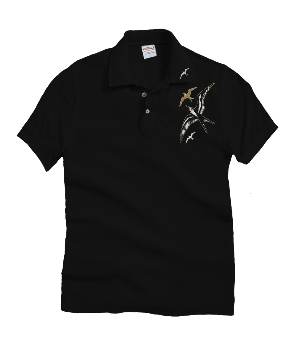 Black polo shirt with bird design on a white background View 1