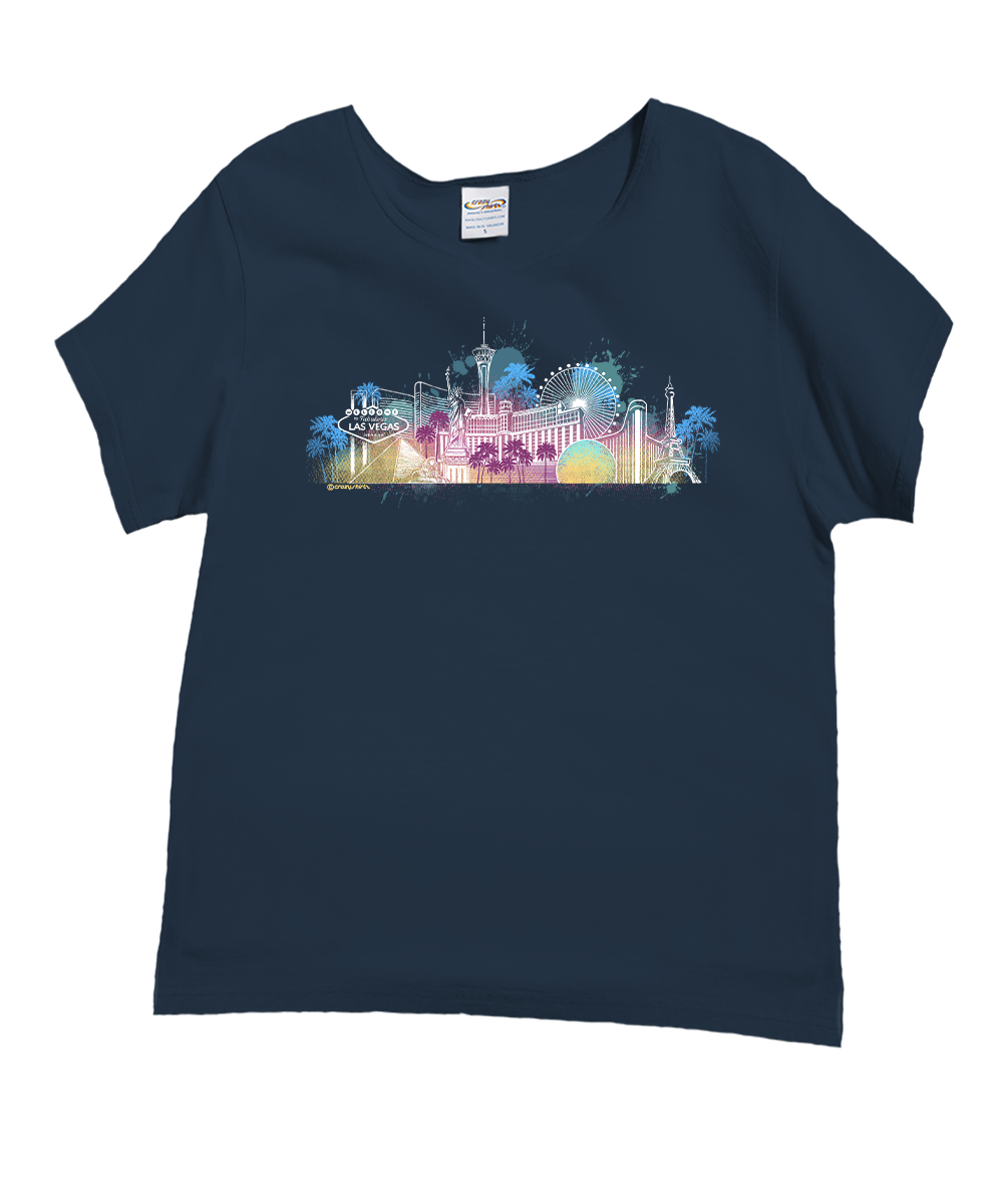 Navy blue t-shirt with a colorful graphic design on a white background View 1