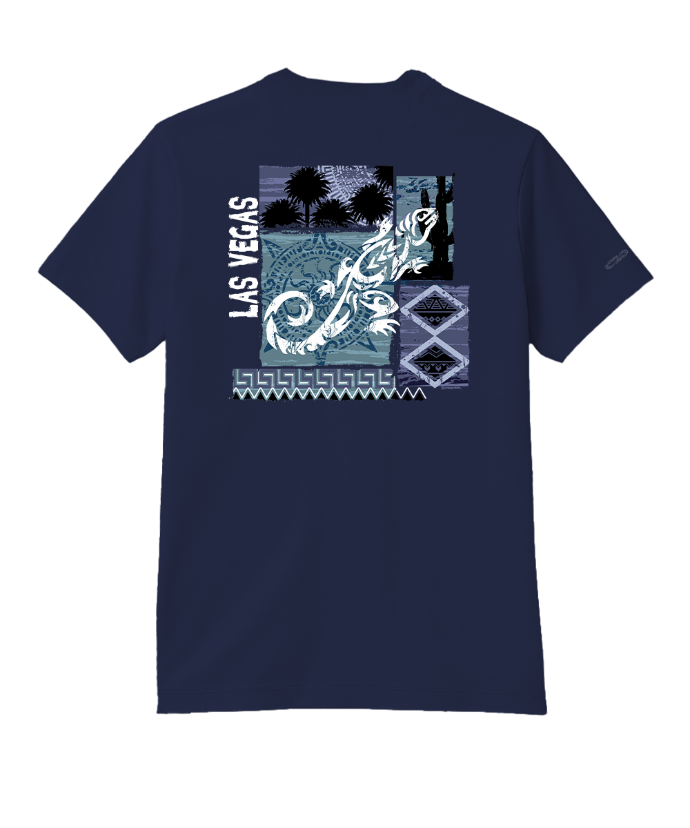 Indigo t-shirt with a graphic design on the back featuring 'Las Vegas', set on a white background View 1