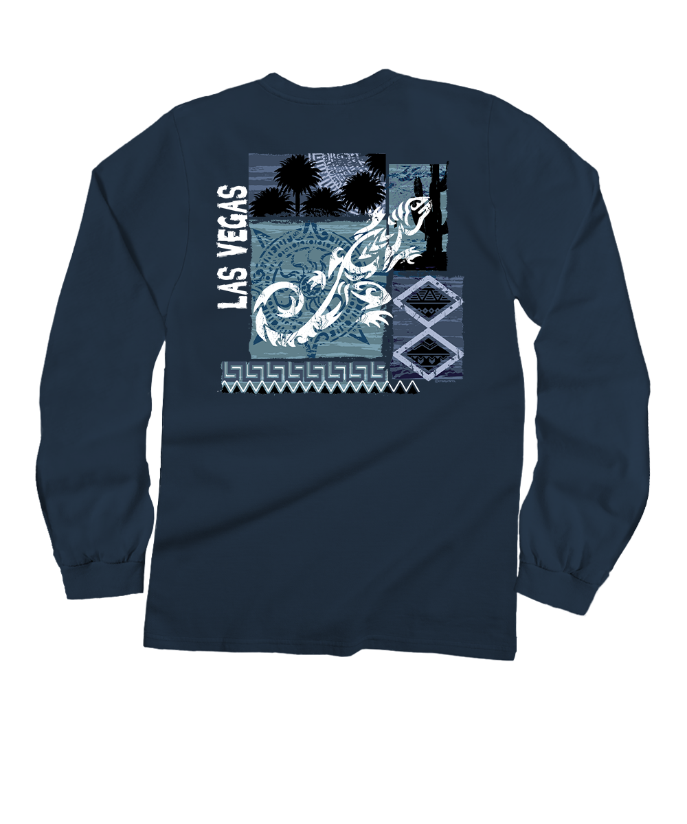 Navy blue long-sleeve shirt with graphic design on the back featuring 'Las Vegas' and a lizard against a white background View 1
