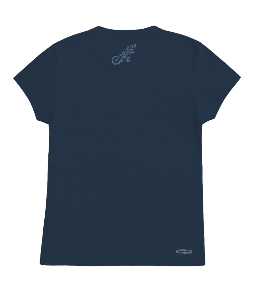 Navy blue t-shirt with a logo on the back against a white background View 4