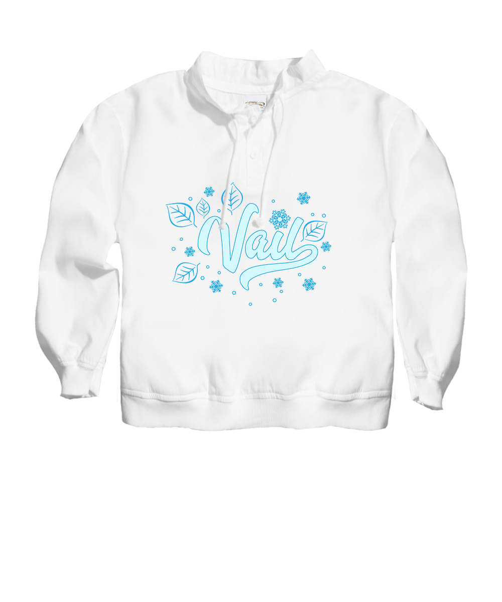White hoodie with blue floral and leaf 'VAIL' design on a white background View 1