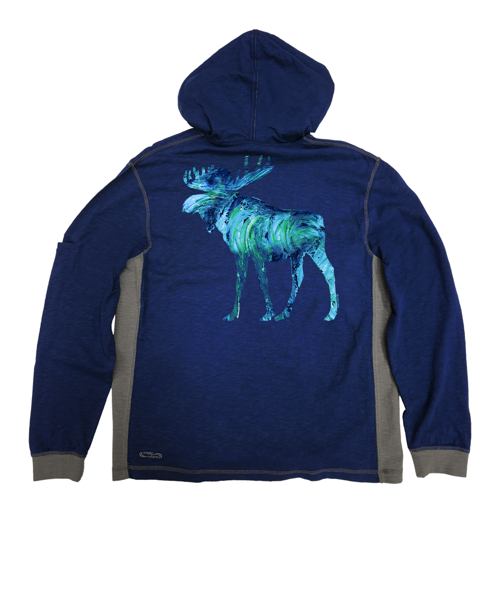 Blue hoodie with a moose design on the back against a white background View 1
