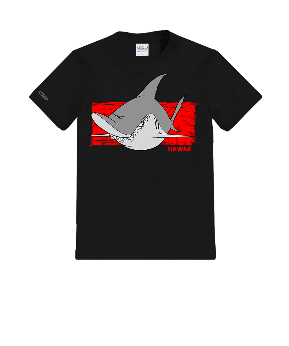 Black t-shirt with a shark graphic and 'Hawaii' text on a white background View 1