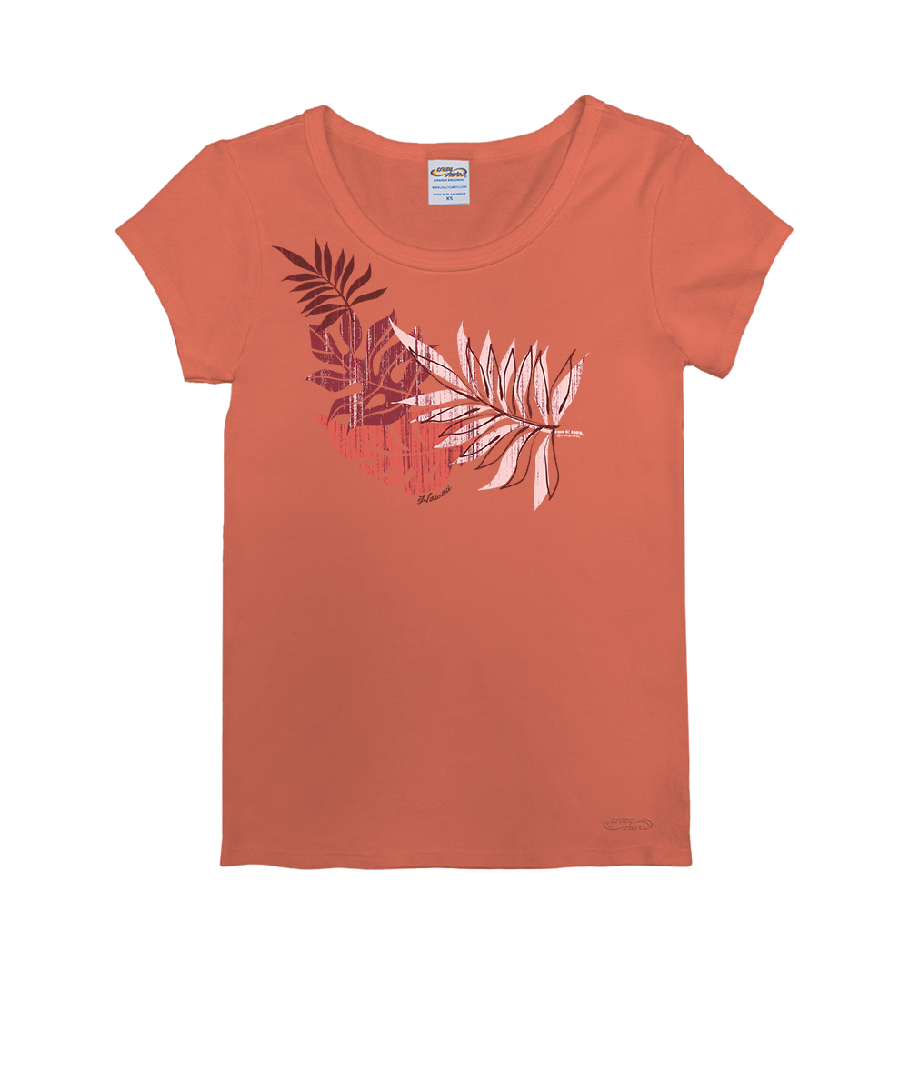 Coral t-shirt with leaf design on a white background View 1