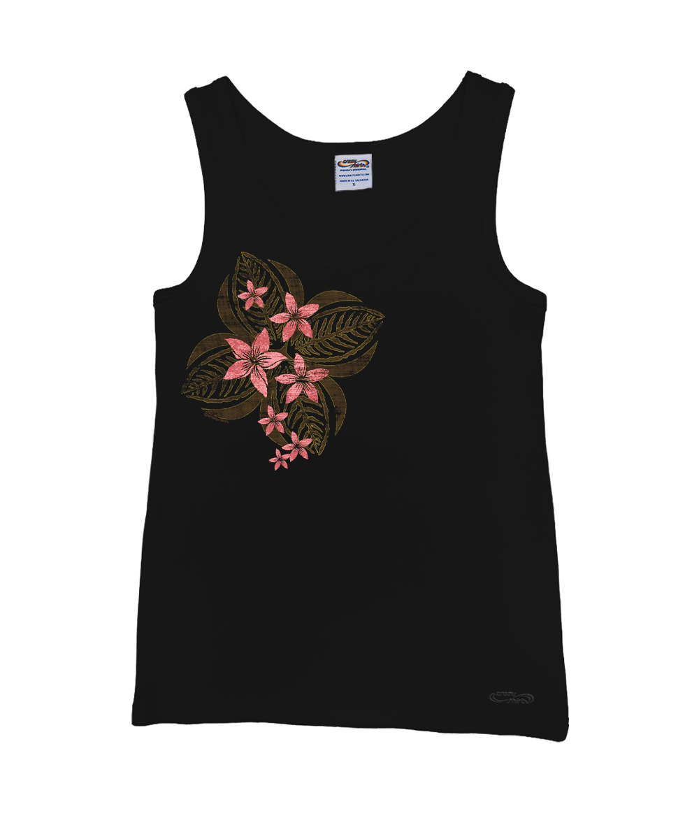 Black tank top with pink floral design on a white background View 1