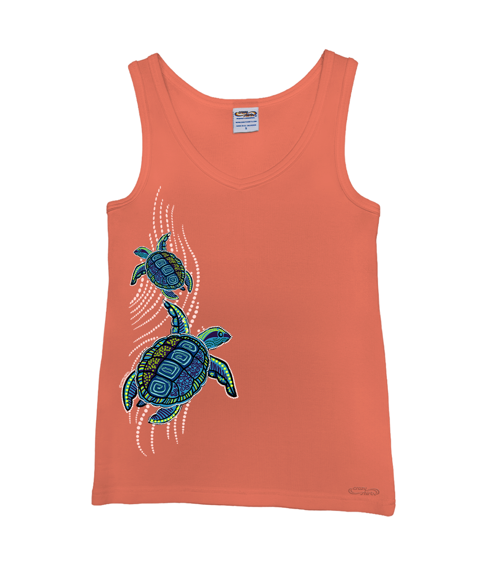 Peach-colored tank top with a turtle design on a white background View 1
