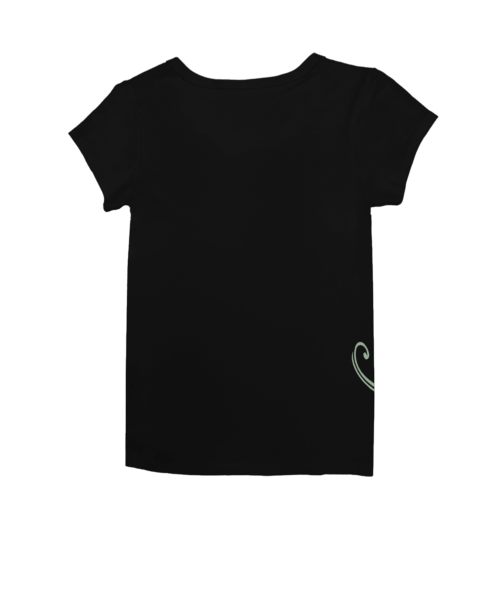 Black t-shirt with a white logo on the back against a white background View 4