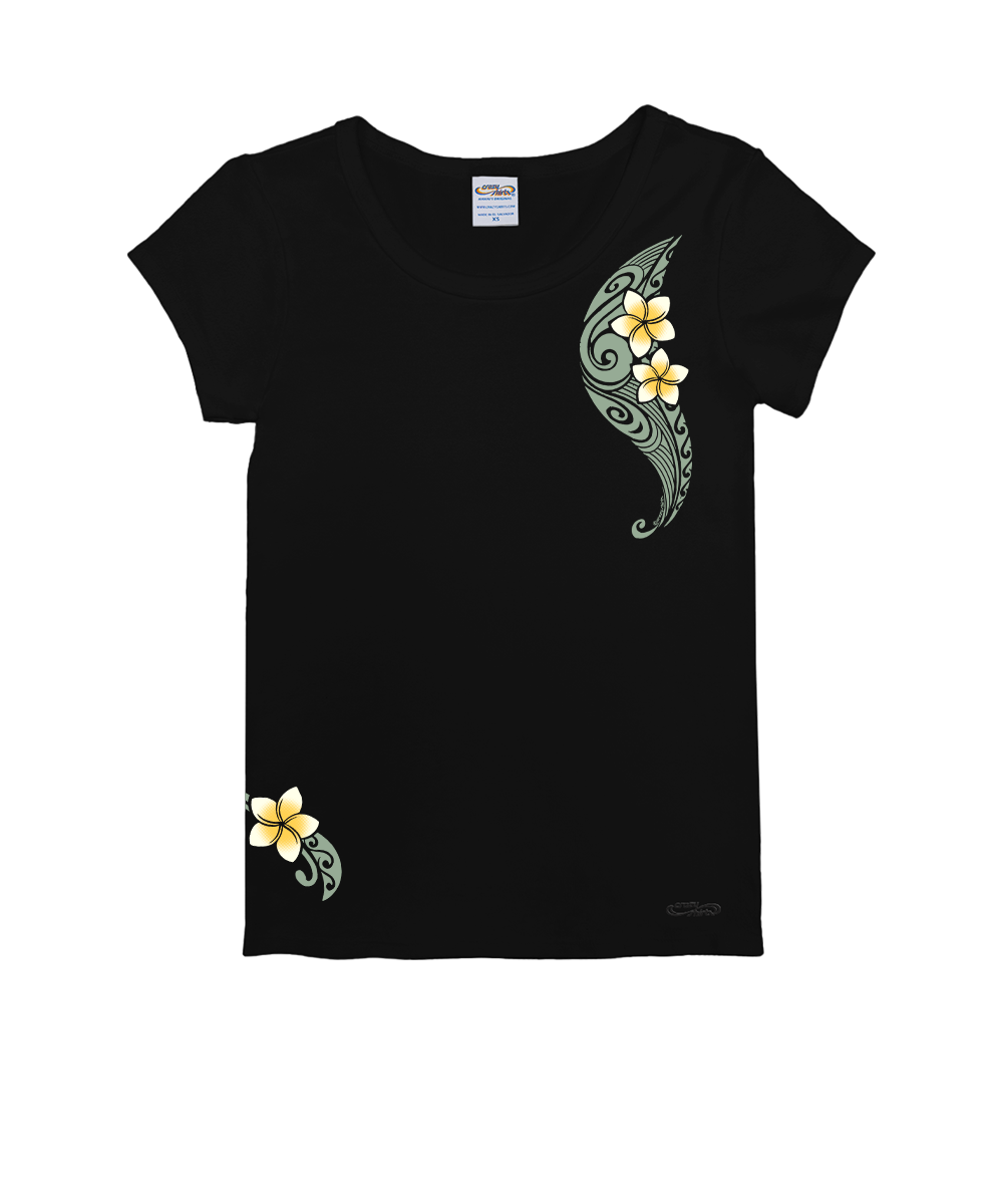 Black t-shirt with floral designs on a white background View 1