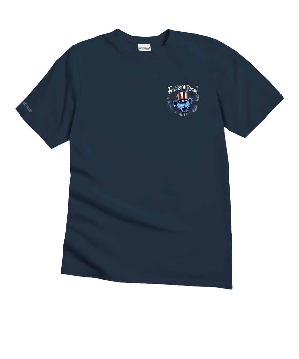 Navy blue t-shirt with a logo on the chest against a white background View 4