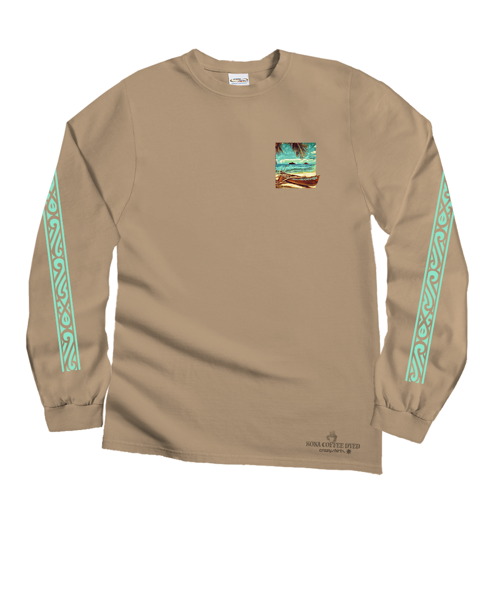 Tan long-sleeve shirt with decorative patterns on sleeves and a small graphic on chest against a white background View 4