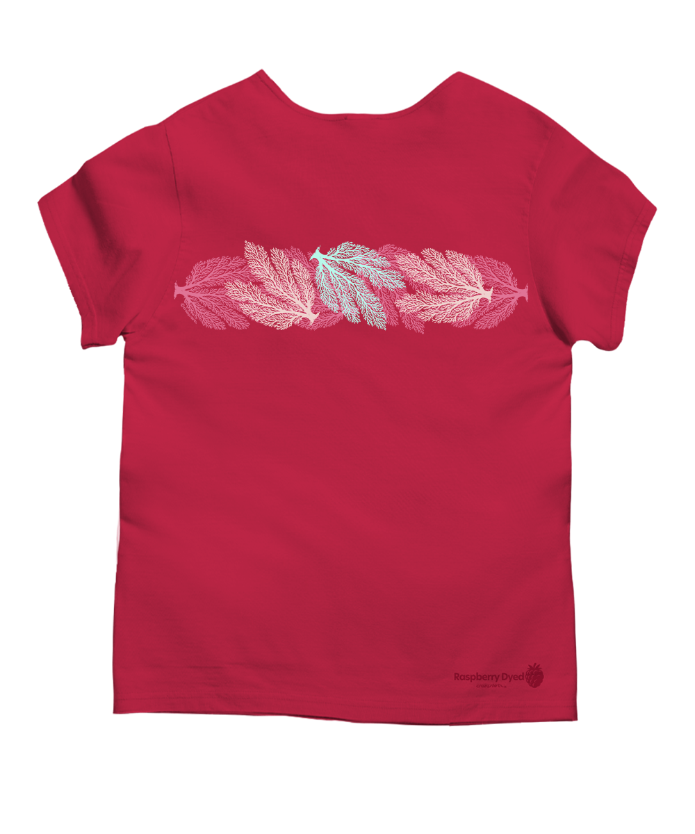 Raspberry dyed t-shirt with reef design on a white background View 4