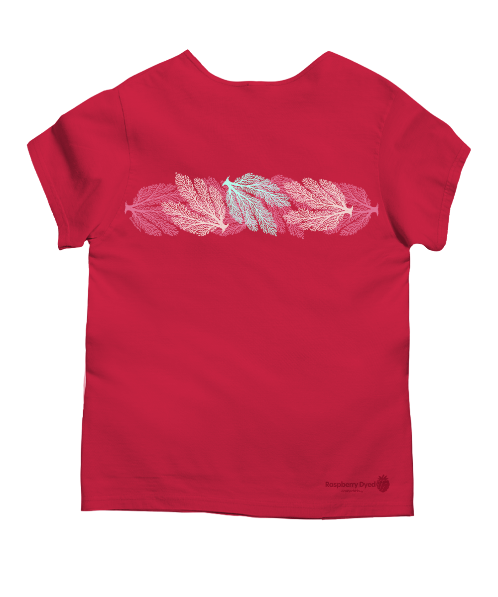 Raspberry dyed t-shirt with reef design on a white background View 4