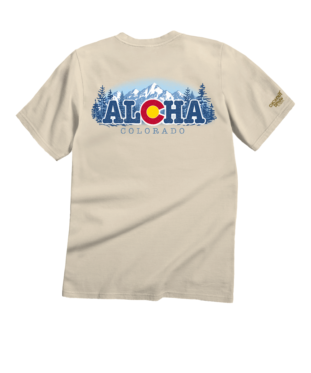 Creamy white t-shirt with 'Aloha Colorado' graphic on a white background