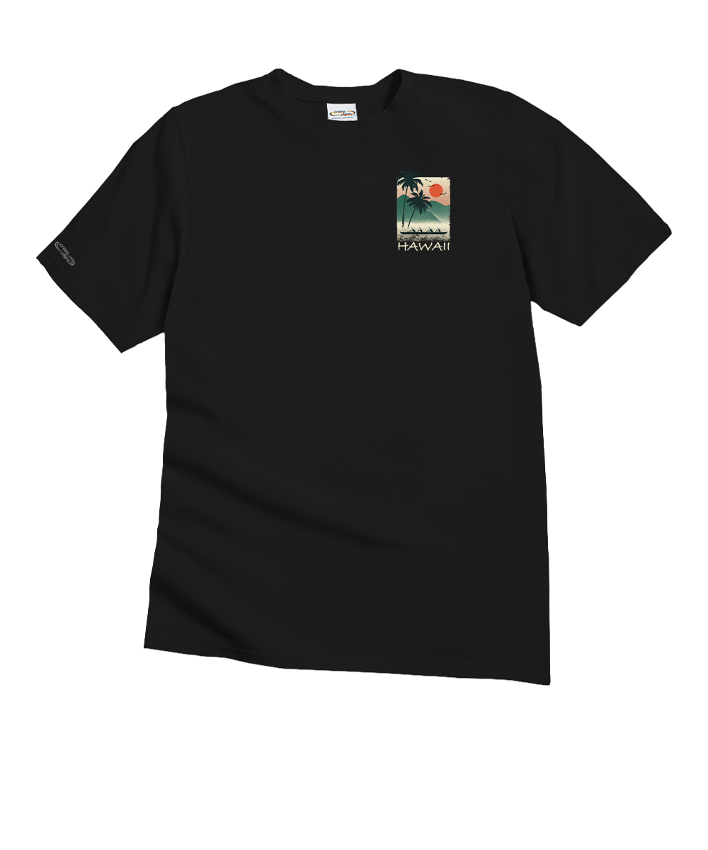 Black t-shirt with a graphic design on the chest against a white background View 4