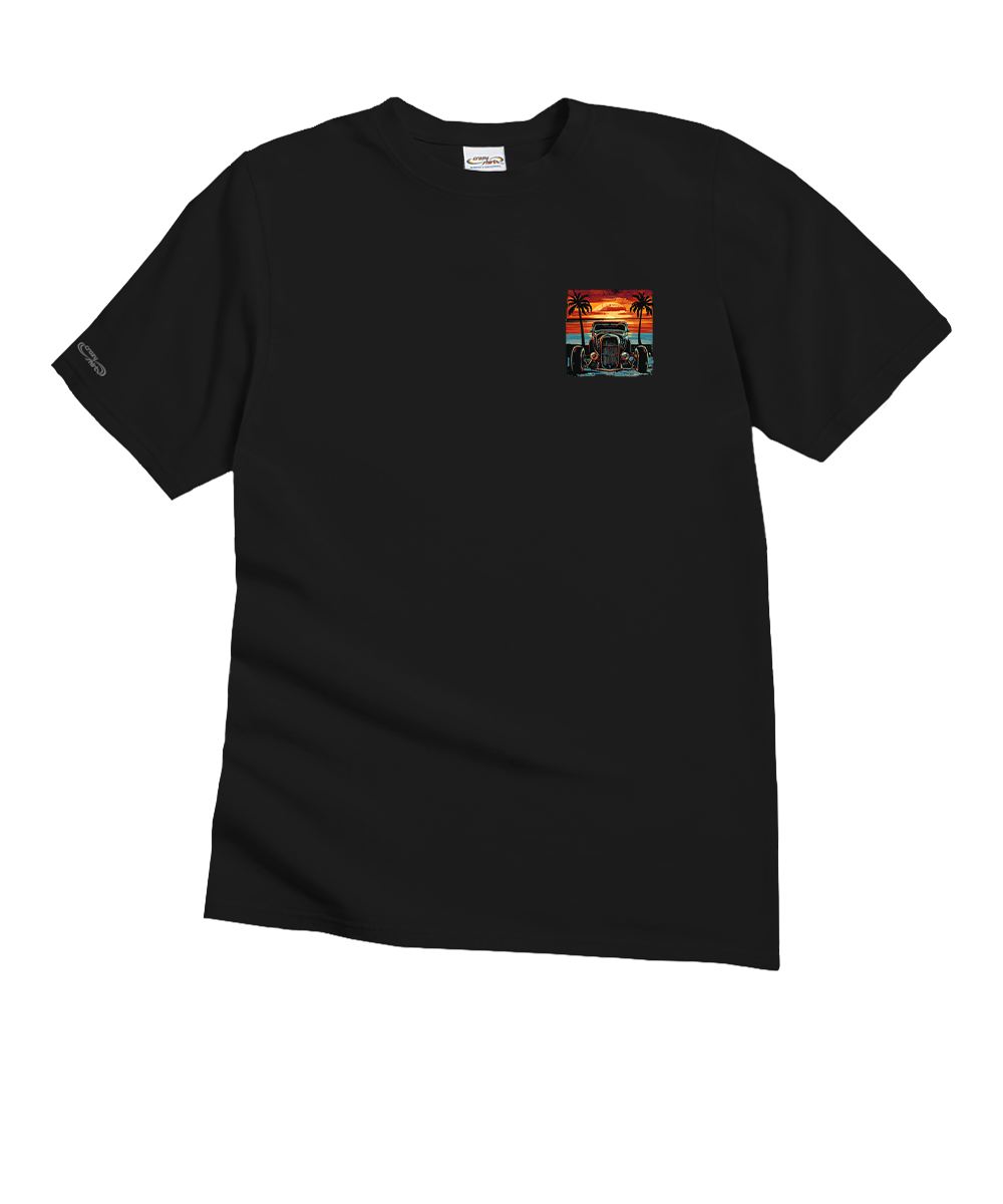 Black t-shirt with a small graphic on the chest against a white background View 4